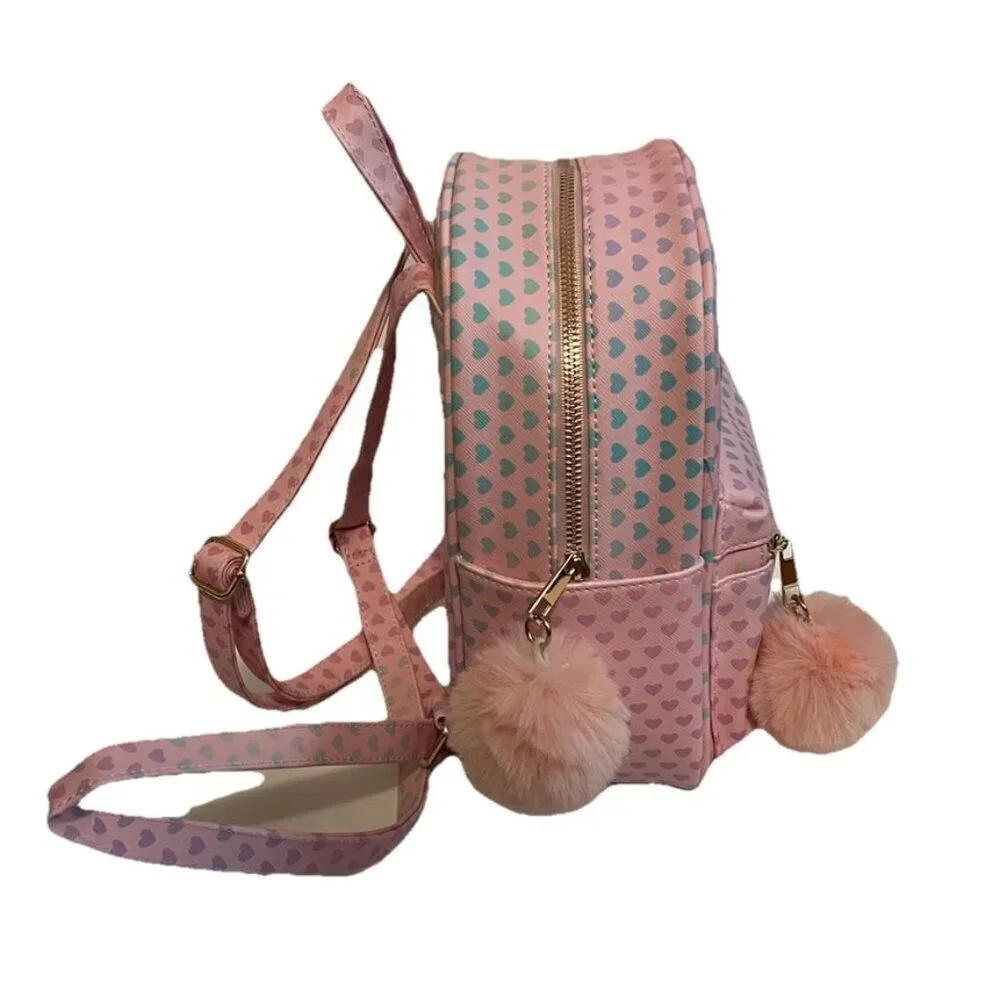Pink Hearts with Cute Cat Smiley Mushroom Patches Small Backpack